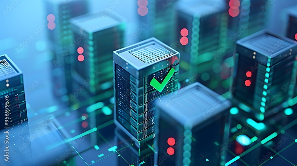 Poster server racks in a data center with a green checkmark indicating network security and high-performanc