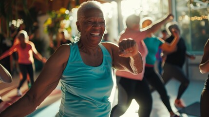 A cheerful older woman in a turquoise top enthusiastically engages in a dance class, with sunlight pouring in and other participants in the background.