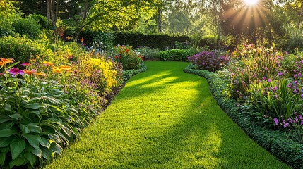 Obraz premium A lush green lawn with a winding pathway through a flower garden with colorful blooms in the morning sunlight.