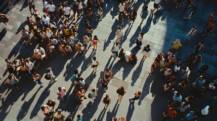 An overhead view of a bustling urban square filled with diverse groups of people casting long shadows in the afternoon sun, capturing vibrant city life.