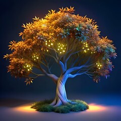 A magical. glowing tree with a vibrant blue trunk and orange leaves.