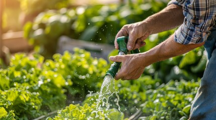Obraz premium Hands watering lush green plants in a sunlit garden, emphasizing care, growth, and the nurturing of nature.