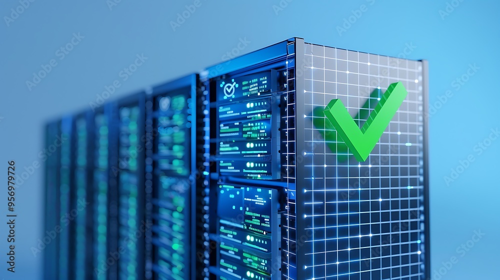 Poster server room with a row of server racks and a green checkmark symbol, representing reliable data stor