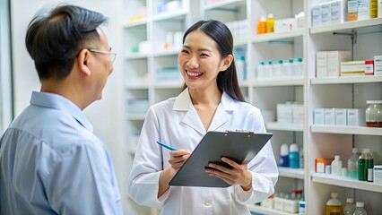 Fototapeta premium A smiling Asian female pharmacist in a white coat stands in front of a shelf of medications, holding a clipboard and discussing treatment with a patient.