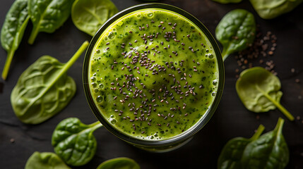 Obraz premium Freshly blended green smoothie with spinach, banana, and chia seeds, nutrient-packed drink, brain health benefits.