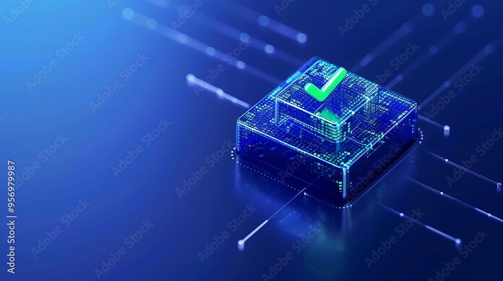 Poster technology concept with a digital check mark as a symbol of validation. blue background with a futur