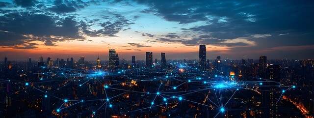 Digital cityscape with interconnected networks and digital elements, representing the integration of smart urban technology in an evening setting
