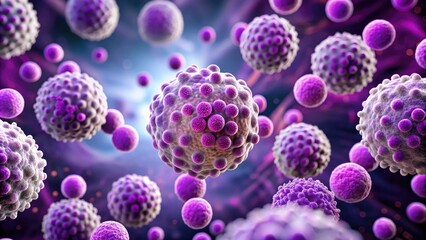 Microscopic view of abnormal white blood cells, circulating in a purple-stained bloodstream, characteristic of lymphoma, a type of cancer affecting the immune system.