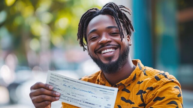 A person happily holding a paycheck or bank statement, representing the concept of paying oneself for hard work
