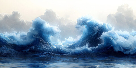 Fototapeta premium A dramatic seascape with two large waves crashing against the stormy sky.