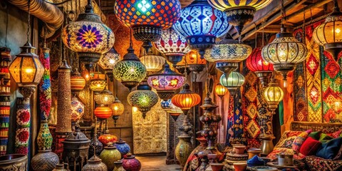 Fototapeta premium Middle Eastern Night Market Lanterns Textiles Patterned Rugs Spices Mood Vibrant Style Eclectic Texture Woven Colorway Mosaic Concept