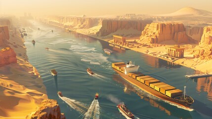 Fototapeta premium Multiple cargo ships sail through a desert canal surrounded by towering cliffs and ancient temples under a golden, hazy sky.