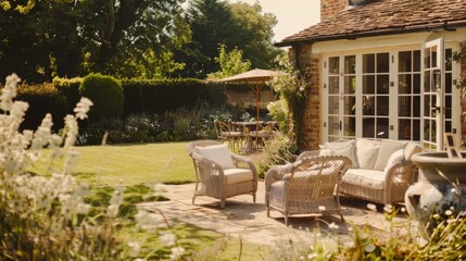 A sunlit backyard garden with wicker furniture on a stone patio, surrounded by lush foliage and blooming flowers, perfect for a relaxing afternoon.