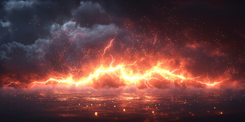 Fiery lightning strikes across a dark, stormy sky, illuminating the night with a dramatic display of power.