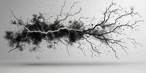Abstract image of a lightning strike with black branches on a gray background.