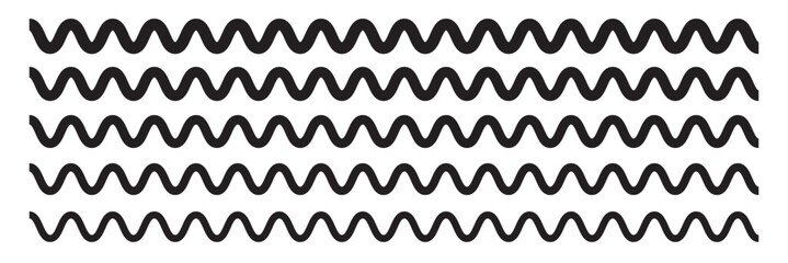 Wave line and wavy zigzag pattern lines. Vector black underlines, smooth end squiggly horizontal curvy squiggles on white background.