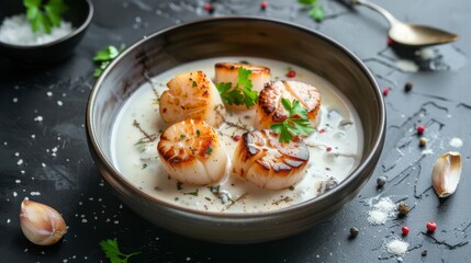Grilled scallops served in a rich, creamy sauce, garnished with fresh herbs and placed in a dark, deep bowl on a textured surface.