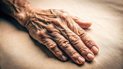 Fototapeta premium A solitary human hand, fingers slightly curled, with visible veins and wrinkles, rests on a blurred neutral-colored background, conveying a sense of intimacy and vulnerability.
