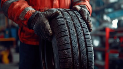 Fototapeta premium Rugged tread detail on a wet tire with a blurred background, highlighting the tire's texture and automotive maintenance concept