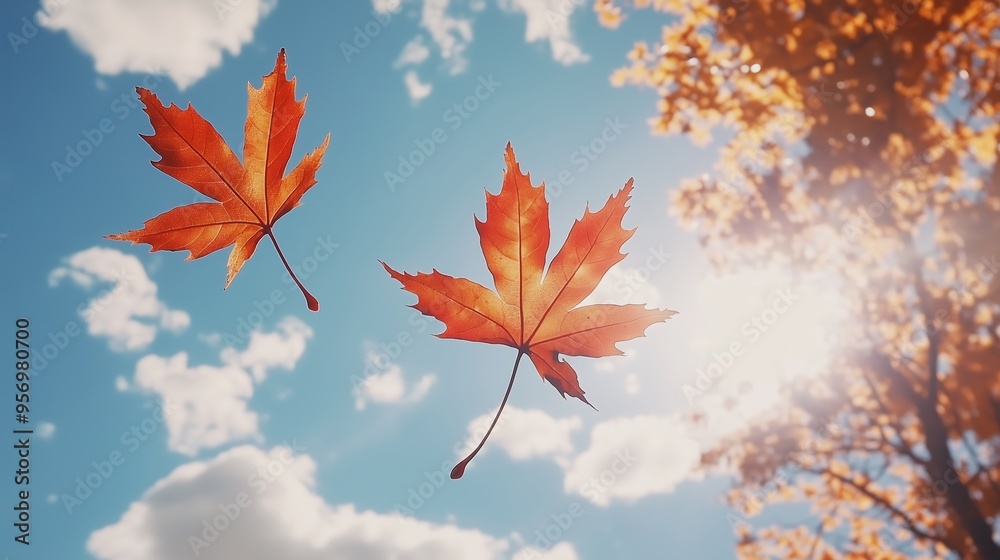 Wall mural Two vibrant orange maple leaves gracefully drifting against a bright blue sky with fluffy white clouds on an autumn day