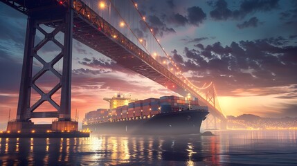 Obraz premium A large container ship sails under a brightly lit bridge at sunset, with reflections on the calm water and a dramatic sky overhead.