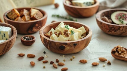Fototapeta premium A variety of gourmet cheeses and nuts are displayed in rustic wooden bowls, inviting a sense of richness and culinary delight.