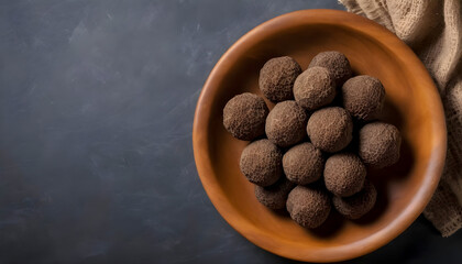 truffles in a wooden bowl seen from above