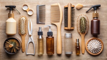 Assorted hair care products, including a hairbrush, clips, and styling tools, arranged artfully on a flat, neutral-colored surface in a cozy, minimalist setup.