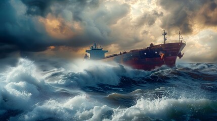 A cargo ship navigates through turbulent, stormy seas with massive waves crashing against its hull under a dramatic, cloud-filled sky.