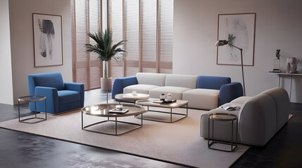 A modern living room with a blue armchair and coffee tables. The room has a minimalist design with white walls, a beige rug and a few pieces of furniture.