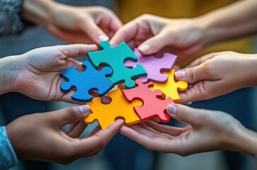 A group of hands holding colorful puzzle pieces coming together to form one complete piece, symbolizing collaboration and teamwork in business.