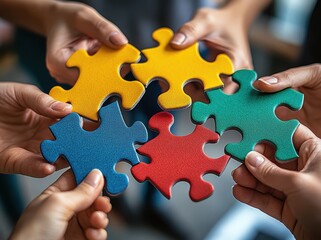 Several hands holding puzzle pieces that fit together, symbolizing the collaboration and joint effort between various individuals to create something new or sustainable.