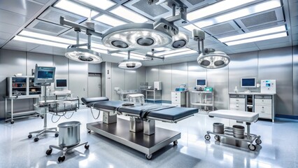 A sterile operating theatre with a stainless steel table, surrounded by state-of-the-art medical equipment, monitoring screens, and bright overhead lighting, ready for a procedure.