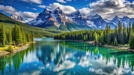 Snow-capped mountains meet the tranquil shores of a vast, icy blue lake, surrounded by lush green forests in a serene wilderness landscape.