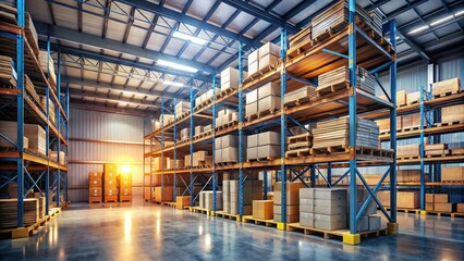 A sturdy metal shelving unit stands in a dimly lit industrial warehouse, loaded with cardboard boxes and crates, surrounded by concrete floors and pipes.