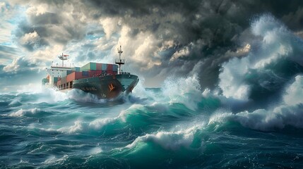 A container ship battles massive ocean waves during a storm, with dramatic clouds overhead, highlighting the intensity of the sea and the ship's resilience.
