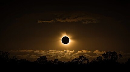 Obraz premium Wide-angle view of the solar eclipse with a landscape silhouette, capturing the dramatic contrast between the darkened sky and the illuminated eclipse.