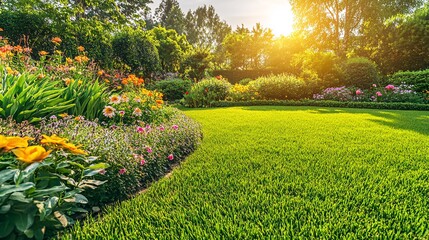 Obraz premium A lush green lawn with a flower bed in the foreground, illuminated by the warm glow of the setting sun.