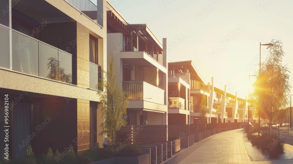 Wall mural a row of modern, stylish apartments glows in the warm light of a setting sun, casting soft shadows.