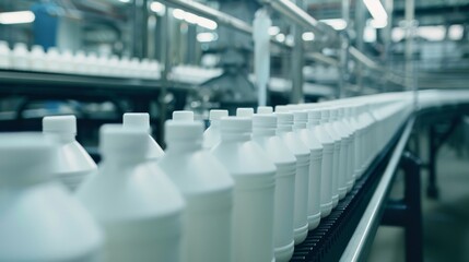Obraz premium A neat row of white bottles moves along a conveyor belt in a modern production facility.