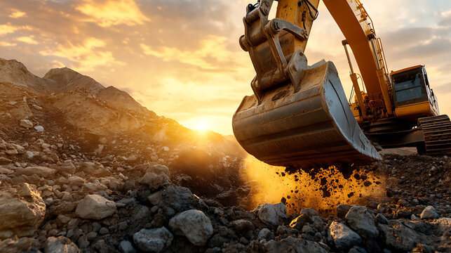 Engin de chantier creusant au lever du jour