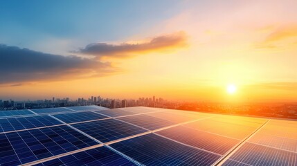 Solar panels under a vibrant sunset sky, showcasing renewable energy innovation and sustainability in urban environments.