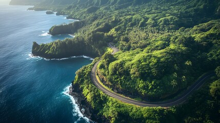 Aerial view of the Road to Hana, revealing its snaking path through dense jungle and along dramatic coastal cliffs, blue waters of the Pacific Ocean contrasting with the green canopy, bright sunlight