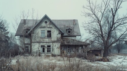 Fototapeta premium An eerie, dilapidated house surrounded by barren trees and overgrown grass in a cold, desolate setting, evoking a sense of mystery and abandonment.