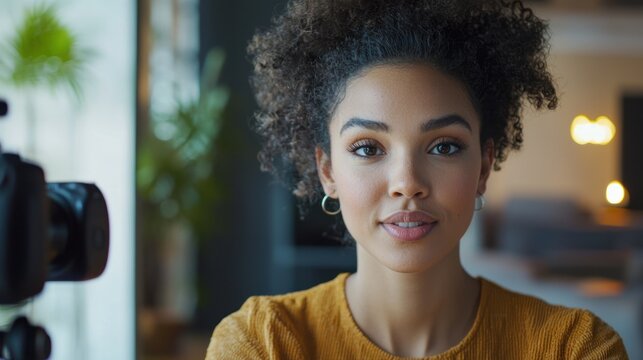 A close-up of a person recording a video message, speaking directly into the camera with confidence