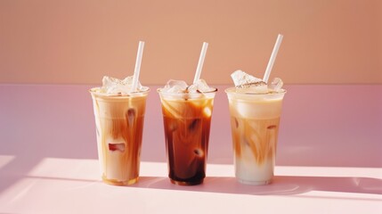 Three refreshing iced coffee drinks in clear cups with straws and ice cubes, beautifully capturing the light and serving as a delightful summer treat.