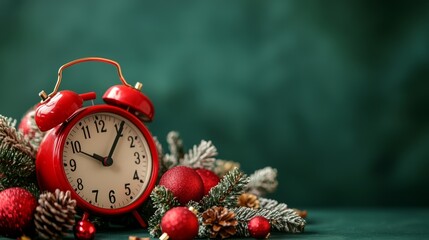 Holiday flat lay with a alarm clock, wrapped presents, and festive decorations background, ready for Christmas celebrations.