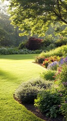 Obraz premium Lush green lawn with a variety of plants and flowers in a garden setting.