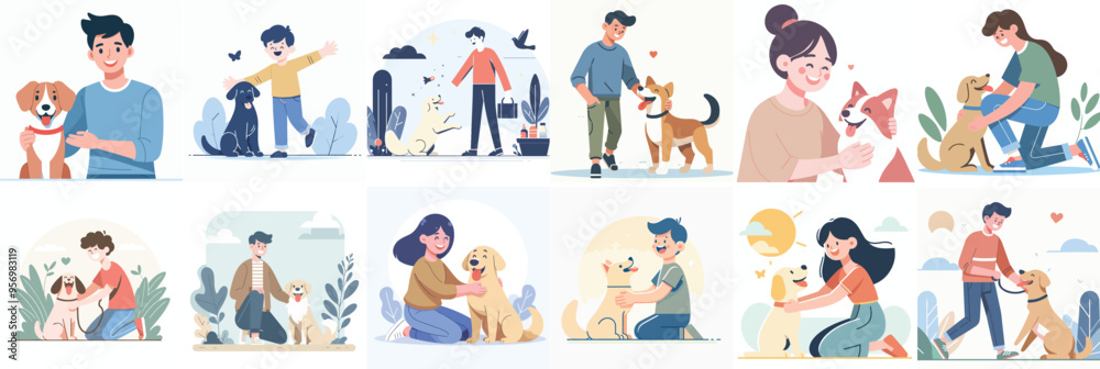 Wall mural vector set of people playing with dogs