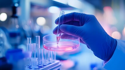 Handling Specimen: Doctor's hands holding a petri dish or test tube in a laboratory setting.
